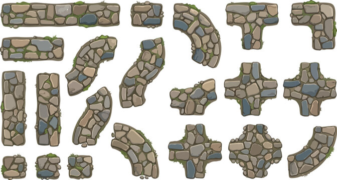 Stone path vector set for game design, modular cobblestone walkway tiles with moss, cartoon rock pavement elements for garden landscaping maps