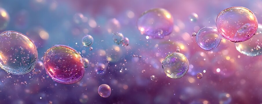 Colorful floating bubbles in a dreamy purple blue background with soft light reflections