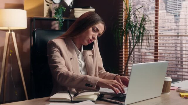 Dissatisfied Caucasian business woman leader with papers searching contract talking mobile phone female girl businesswoman project founder talk stressed search file stats documents throwing in office