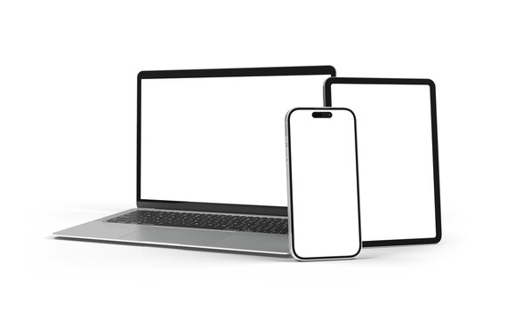 Devices screens isolated on transparent background. Smartphone, tablet and laptop mockup. 3d rendering