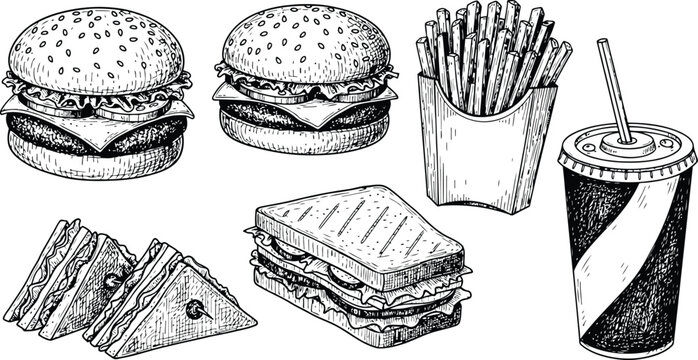 Hand Drawn Fast Food Meal Collection with Burgers Fries and Drink in Sketch Style