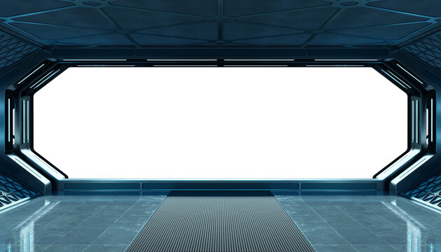 Futuristic dark starship with glowing lights. 3D rendering. Black spaceship interior with isolated cut out transparent window