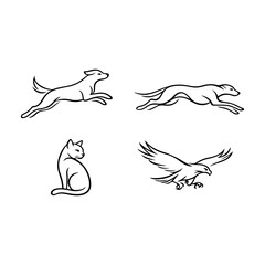 Naklejka premium Set of Minimalist Animal Line Art Illustrations Including Running Dog, Cat, and Flying Eagle