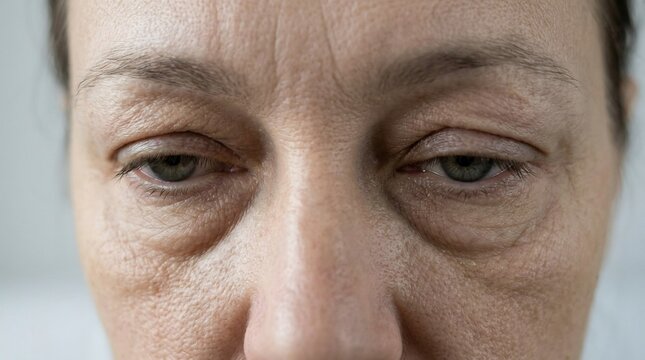 Close-up of human eyes with puffy under-eye bags and wrinkles showing signs of aging and fatigue