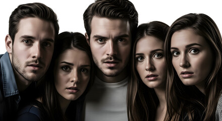 Fototapeta premium A group of five young adults standing together in a close portrait