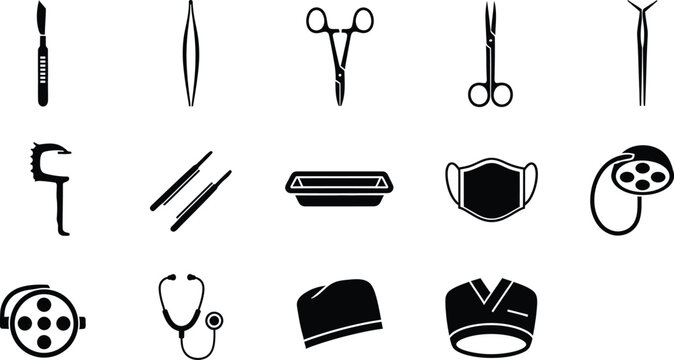 Medical surgical tool icons collection for hospital healthcare design projects