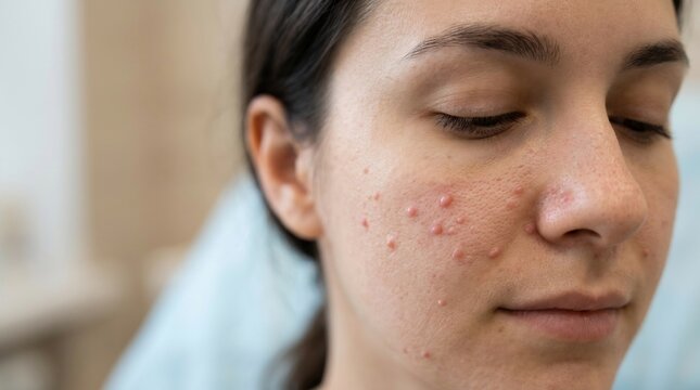 Close-up of a woman's face showing skin lesions and red bumps on the cheek and nose area for dermatology