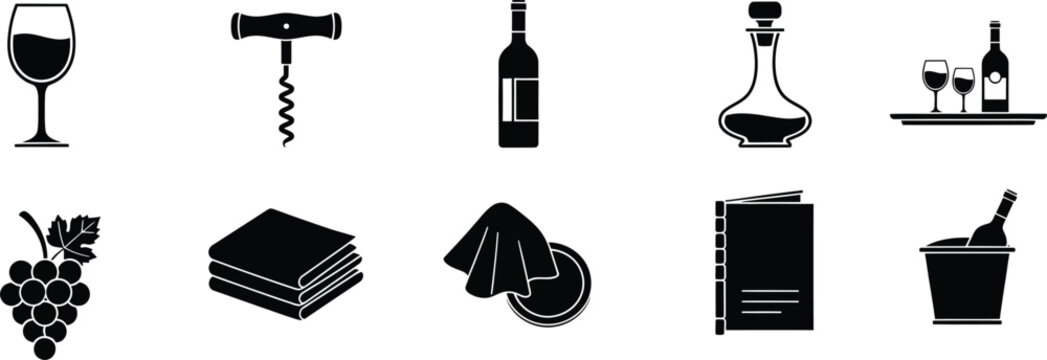 Wine restaurant icons set with bottle glass grapes bar service tools
