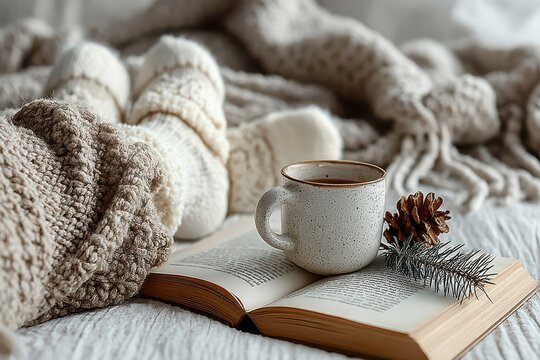 Cozy winter scene with woolen socks, coffee, and an open book