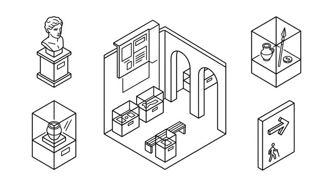 Isometric Museum Exhibition Gallery Interior and Display Case Icons
