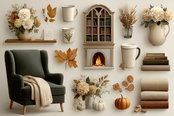 Fototapeta premium Elegant collection of autumn-themed decor with cozy furnishings and seasonal elements