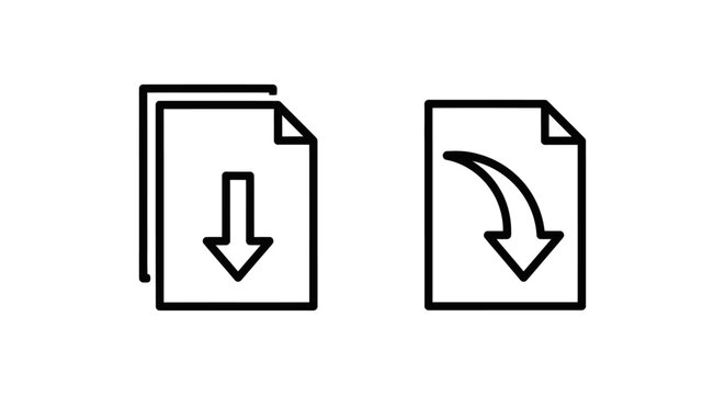 Plan downgrade and downgrade plan icons: document with down arrow and curved down arrow downgrade decrease reduction document direction negative regression modification adjustment revision