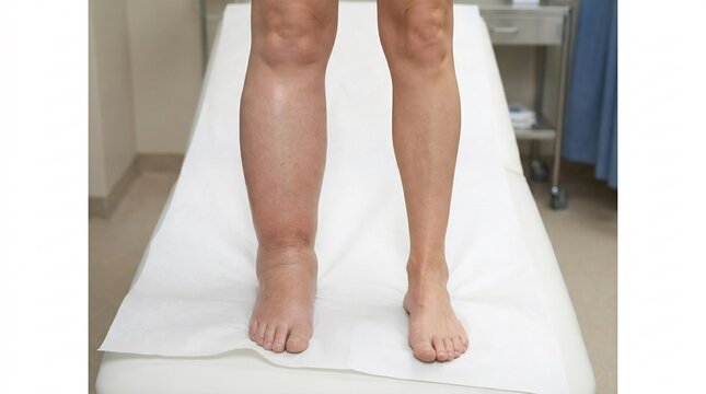 Comparison of a swollen leg and a healthy leg on a medical examination table showing edema
