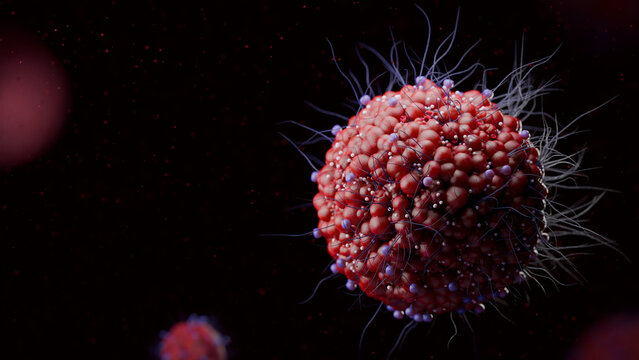 A colony of hantavirus under a microscope. A detailed 3D image of infectious viral particles.	