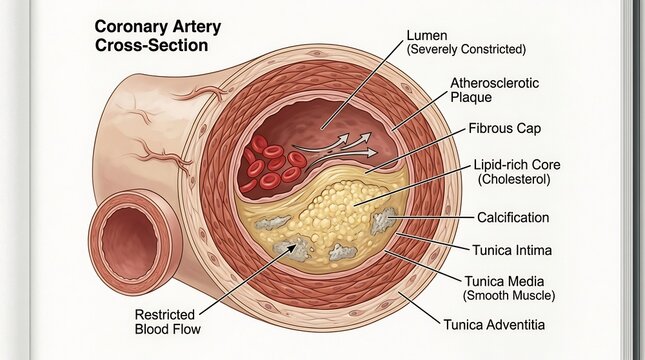 Medical illustration of a coronary artery cross-section showing atherosclerotic plaque and restricted blood flow