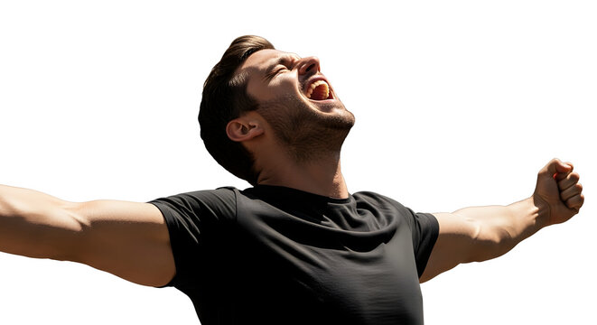 A man with outstretched arms and a joyful expression against a white background