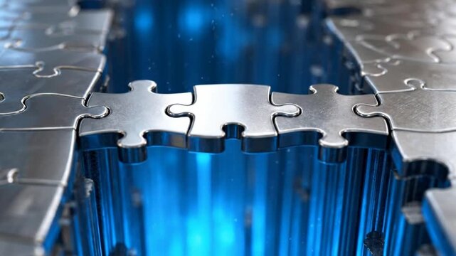 3D Metallic Jigsaw Puzzle Bridge Over Blue Glowing Gap