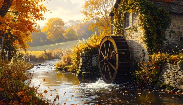 Historic watermill beside a river in autumn with a wooden water wheel, ivy-covered stone walls, golden and rust colored foliage surrounding it, peaceful seasonal countryside scene, generative ai