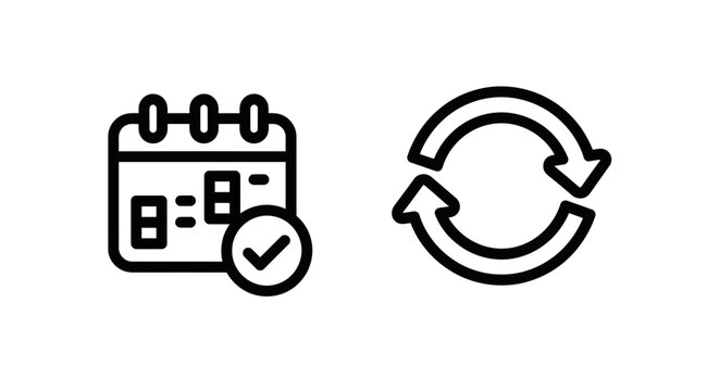 Service planned calendar icon with checkmark and continuity strategy circular arrows icon calendar schedule appointment management planning checkmark completion continuity strategy workflow