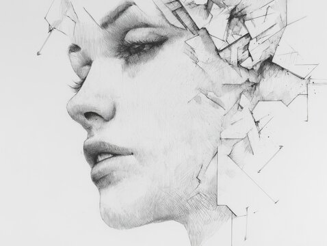 Detailed pencil drawing of a young woman with a face shattering into many sharp geometric shards