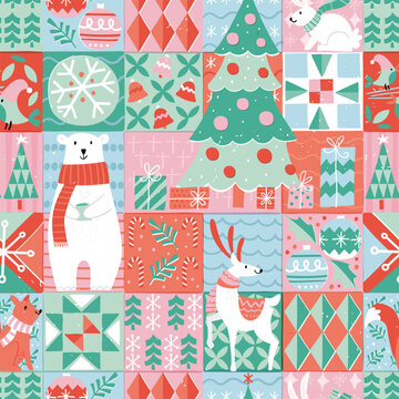 Lovely christmas seamless pattern, cute characters and decoration, great for wrapping paper, textiles, banners, wallpapers - vector design