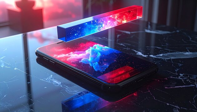 smartphone con schermo rosso e blu appoggiato su una superficie di marmo nero, barra olografica tridimensionale sopra lo schermo che mostra la carica della batteria