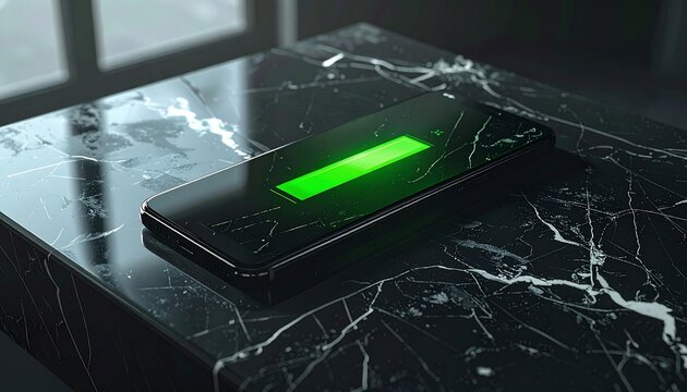 smartphone su superficie di marmo nero, icona verde sullo schermo che indica la piena carica 