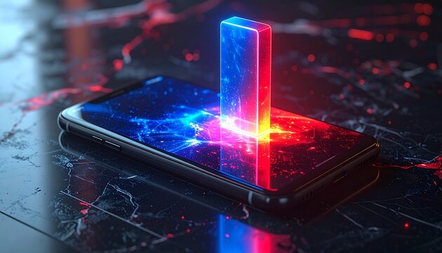 smartphone con schermo rosso e blu appoggiato su una superficie di marmo nero, barra olografica tridimensionale sopra lo schermo che mostra la carica della batteria