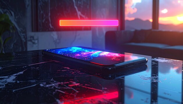 smartphone con schermo rosso e blu appoggiato su una superficie di marmo nero, barra olografica tridimensionale sopra lo schermo che mostra la carica della batteria