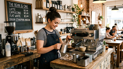 Fototapeta premium A barista preparing coffee behind the counter in a small independent café.
