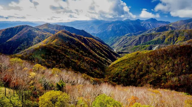 日光市の半月山駐車場から足尾町の紅葉する山並の展望　光と影が織り成すカラフルな秋の光景　　日光市 栃木県