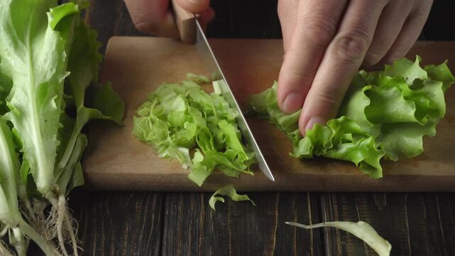 Hands slicing fresh green lettuce on a wooden cutting board with additional lettuce leaves visible on the side in a kitchen setting