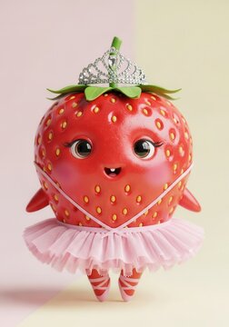 Cute 3D Strawberry Ballerina Character Wearing a Pink Tutu and Silver Tiara for Kids Desig