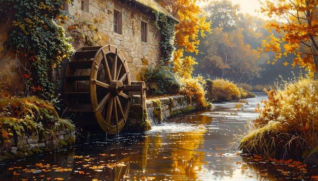 Historic watermill beside a river in autumn with a wooden water wheel, ivy-covered stone walls, golden and rust colored foliage surrounding it, peaceful seasonal countryside scene, generative ai