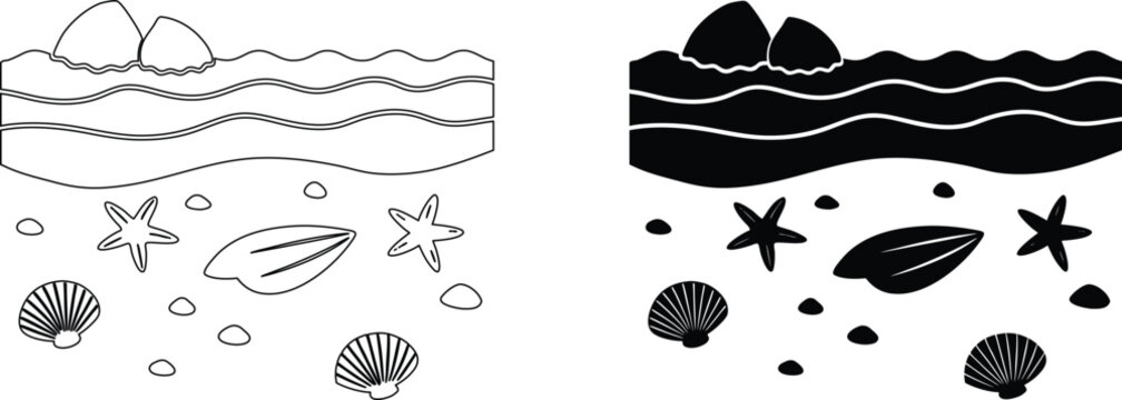 Ocean seabed shells and starfish vector illustration for beach theme laser cutting design.
