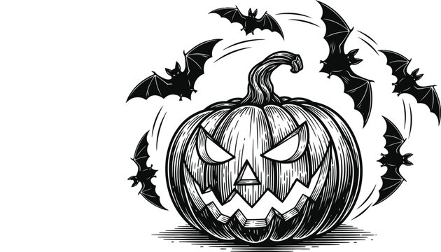 Jack O Lantern with circling bats during Halloween season with scratchboard style