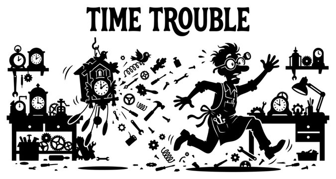 Watchmaker running from exploding clock during workshop chaos with tools flying vector silhouette