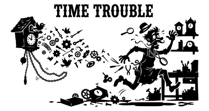 Watchmaker running from exploding cuckoo clock with gears in workshop concept vector silhouette