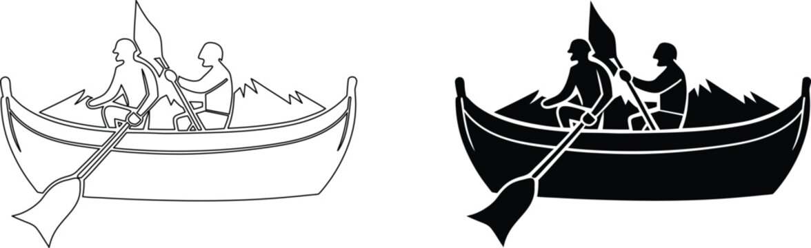 Rowing canoe with people vector silhouette for adventure sports and laser cut decoration.