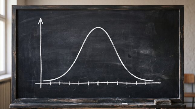 4k a chalk drawn bell curve on a blackboard in a classroom setting with a window