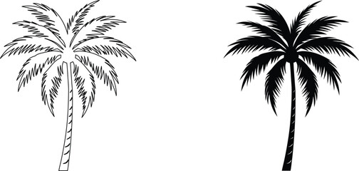 Black and white outline and solid silhouette of a single tropical palm tree. © kajallata