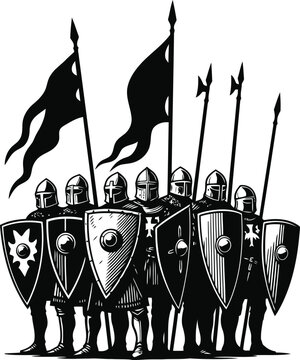 Knights Templar formation with banners and shields during a historical reenactment
