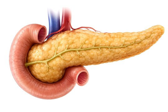 Human Pancreas Anatomy Illustration with Duodenum and Blood Vessels isolated on white background, 3D Rendered Medical Visualization.
