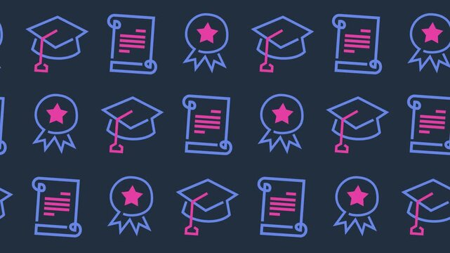 Graduation and achievement pattern with seamless mortarboard, diploma, and award medal line art icons in a background animation. Repeating graduation cap and certificate wallpaper for academic banner.