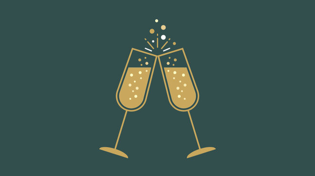 Clinking champagne flutes with sparkling golden bubbles.