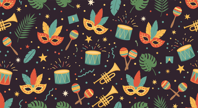 Carnival seamless pattern featuring festive masks, drums, maracas, trumpets, stars, and tropical jungle leaves.
