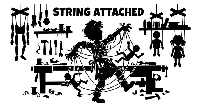 Puppeteer tangled in strings with puppets during workshop scene vector silhouette