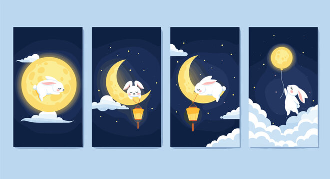 Set of four vertical banners featuring a cute white bunny and the moon in a magical night sky with clouds.