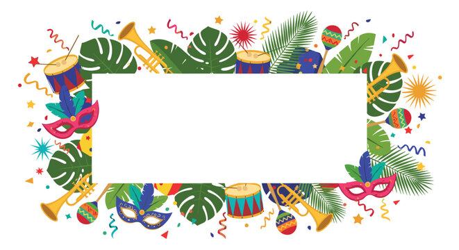 Vibrant carnival or festival frame decorated with colorful musical instruments, masquerade masks, palm leaves, and festive confetti around a blank space.