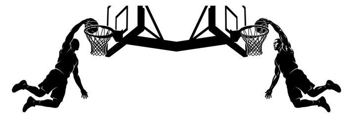 Two basketball players performing mirrored slam dunks on hoops, silhouette vector illustration on transparent background © Ярослав Дацко